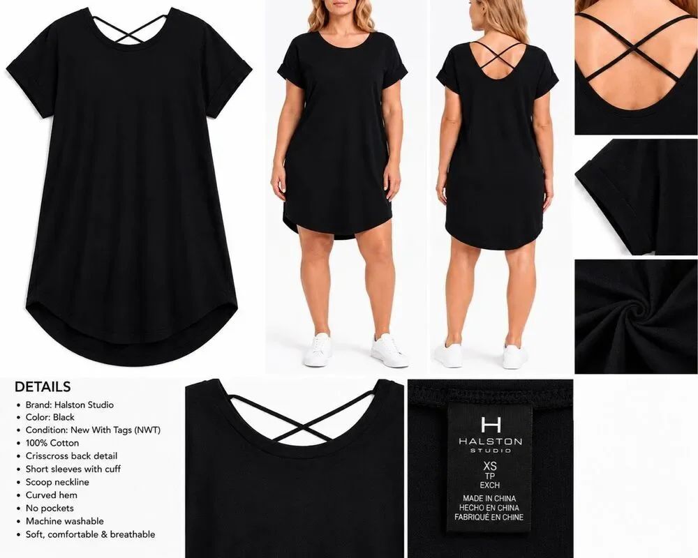 Halston Studio Black Cotton T-Shirt Dress XS Crisscross Back NWT